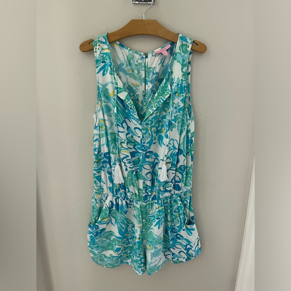 Lilly Pulitzer Tybee Romper “In A Pinch Print”Sleeveless Tassel Tie